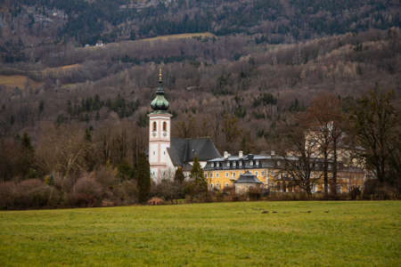 rural country side church monastery landmark scenic view in autumn moody weather rainy day time in Europeの写真素材