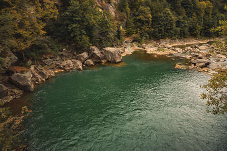 aerial landscape autumn moody highland rocky canyon mountains scenic view brown October colors nature environment spaceの写真素材