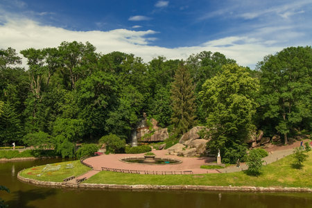 summer nature photography landscape scenery view lake waterfront and green foliage trees summer weather July day timeの写真素材