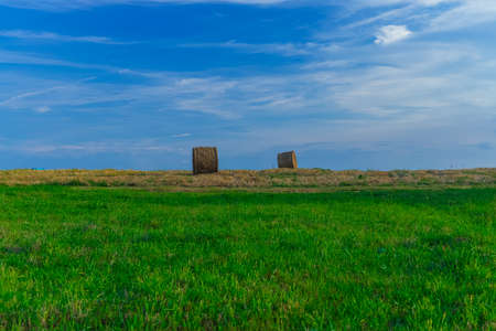 harvest season August and September time idyllic field with stack of hay scenic view in clear weather day wallpaper outdoor background landscape photographyの写真素材
