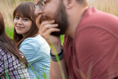 outdoor people portrait nice smiling face in summer day timeの写真素材