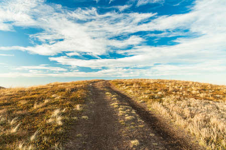 autumn highland meadow simple rustic scenic view horizon background line board cloudy skyの写真素材