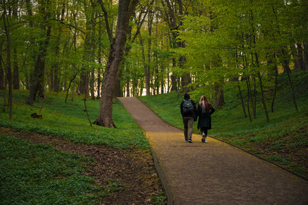 two people back to camera walking on pawement road in park weekend rest spendingの写真素材