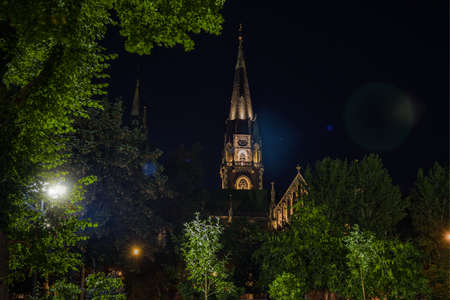 night city gothic cathedral tower long exposure photography foreshortening from below with green tree foliage natural frame foreground and clear star sky background, electricity light and glareの写真素材