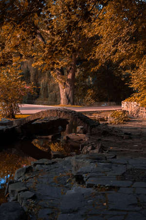 majestic autumn park vertical photography of picturesque nature scenic view with stone paved landscaping arch bridge and orange foliage everywhere in October seasonの写真素材