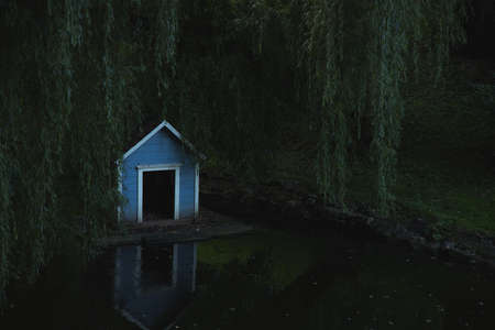 bird house pond calm national park scenery in dusk lighting under tree foliage moody photography conceptの写真素材