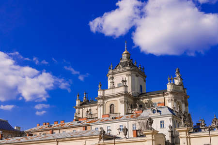 orthodox faith landmark object of huge church ensemble architecture sightseeing place photography foreshortening from below with blue sky background and copy spaceの写真素材