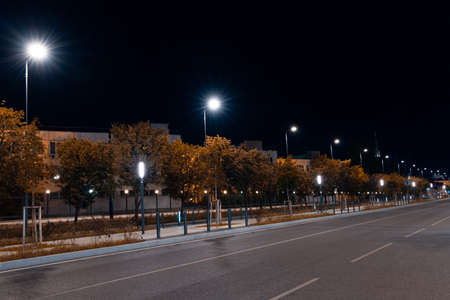night empty street road alley without cars in autumn time with orange foliage and lantern lighting