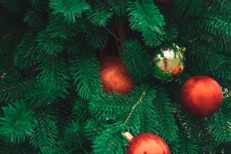 traditional Christmas tree decoration red balls on vibrant green needle evergreen natural branches,...