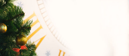 Christmas advertising concept wallpapers with tree decoration and clock background blurred empty...