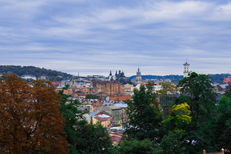 Lviv Ukraine city view point panorama with architecture building object in autumn October day