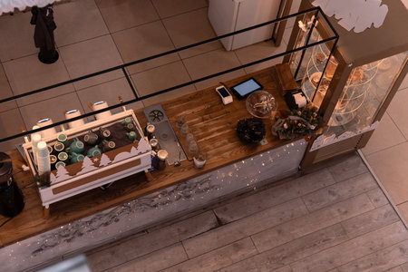cafe counter interior design elements table dish inside shopping mall without people empty space, view top from aboveの写真素材