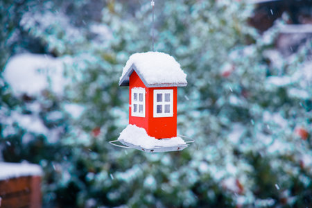 winter decorative element hanging small house red color real estate concept, December snowy garden...