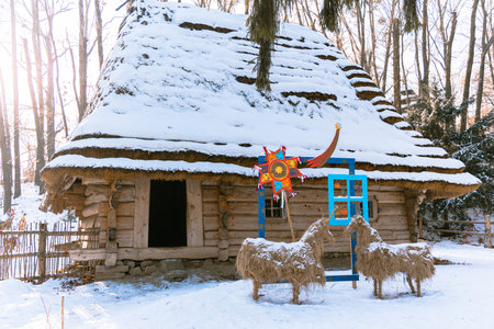 winter landmark landscape Christmas holiday eve nativity scene rural house idyllic December...