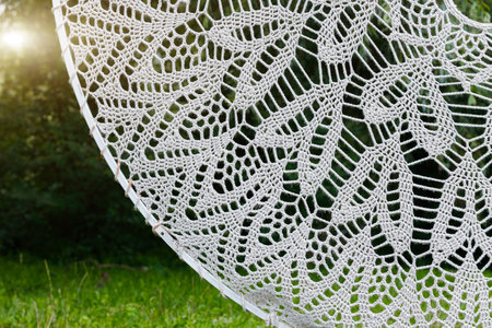 ethnic craft art embroidered white threads circle shape pattern foreground object with dramatic green lawn blurred background view of spring season sunny dayの写真素材