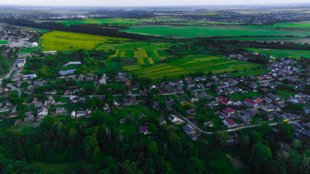 highland village morning twilight low lighting condition country side community settlement aerial view drone photographyの写真素材