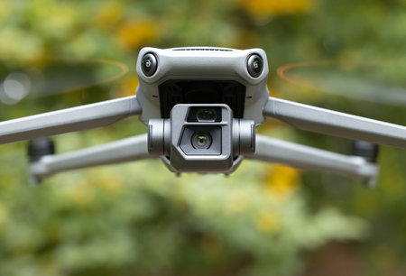 drone gimbal camera lens front side flying photography and videography device symmetry picture with blurred backgroundの写真素材