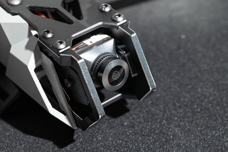 drone first person view flying combat device front side with gimbal camera lens element studio workshop concept photoの写真素材