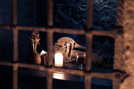 hurdy gurdy traditional Nordic instrument fantasy tavern room rustic wooden interior candle light wine glass dungeon low lighting conditionsの写真素材