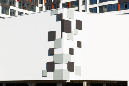 exterior facade design modern architecture building complex style wall background textured pattern with white empty copy space advertising market place for textの写真素材