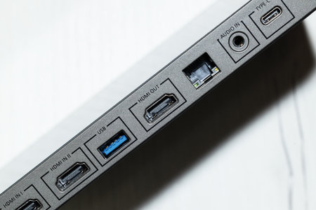 USB HDMI TYPE C connectors of modern electronical device laptop object wire technology concept view...