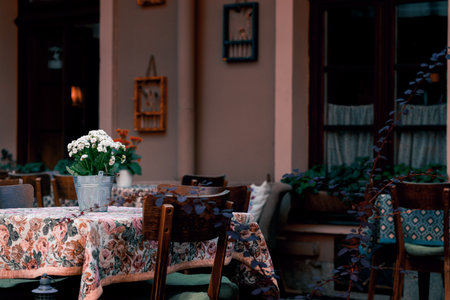 vintage style design indoor space of old cafe environment furniture flower pot and dramatic low lighting room condition view without peopleの写真素材