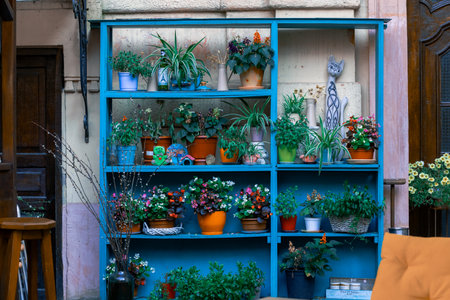 vintage wardrobe shelf with antique flower pots and decorative yard elementの写真素材