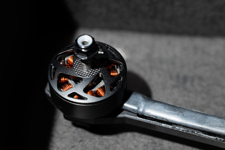 fpv drone workshop propeller detail element metallic objects technological concept macro close up viewの写真素材