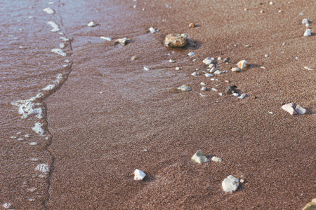 water sea scape narrow focus sandy shore line dirt ground and small stones background outdoor conceptの写真素材