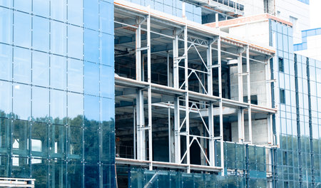building construction metallic and glass material frame work view exterior facade perspective view