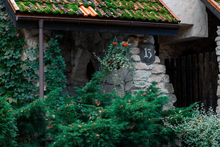 medieval village vintage aesthetic of European stone classic old cottage with cozy yard design of bush plant in moody weather seasonの写真素材
