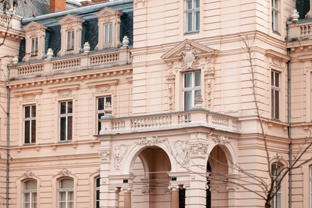 Austro Hungary architecture medieval renaissance period building palace exterior facade walls high...
