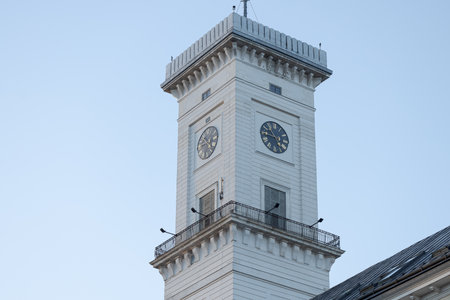 town hall tower Europe architecture building in Lviv Ukrainian city cloudless sky background space