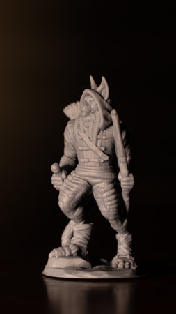 role play character anthropomorphous cat furry concept 3d printed miniature plastic material rogue archer fairytale person vertical photography gradient dark poster background spaceの写真素材