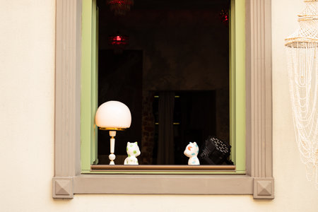 retro vintage style window frame design decorative elements exterior with view to indoor spaceの写真素材