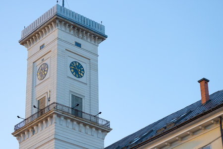 old Europe historical building town hall tower architectural form with clockの写真素材