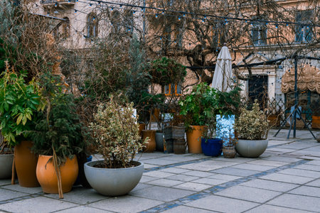 empty street October aesthetic of fall with decorative restaurant patio elements without people hereの写真素材