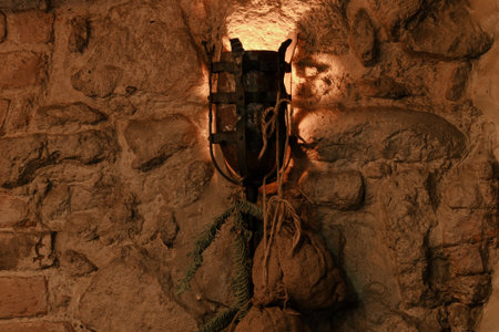 torch fire light dungeon stone wall ancient background fantasy background aesthetic concept underground indoor spaceの写真素材