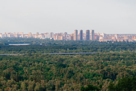 top view unmanned aerial drone photography of wide panorama megapolis city skyscrapers outskirts living district with park wood land zone foreground spaceの写真素材