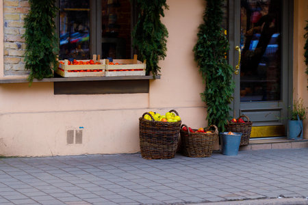 meal and product shop street urban retail place exterior facade pedestrian view with vegetables...