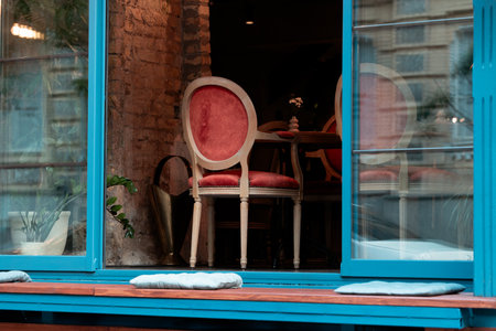 vintage aesthetic style interior open balcony window back side view from streetの写真素材