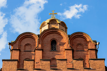 UNESCO heritage site Ukraine Kyiv Golden Gate historical old architecture object walls and domes on sky background viewの写真素材