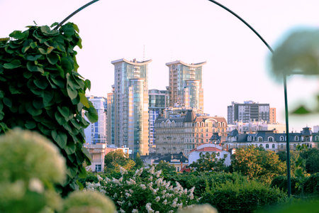 skyscraper city scape region landscape design view with garden nature foreground view and town...