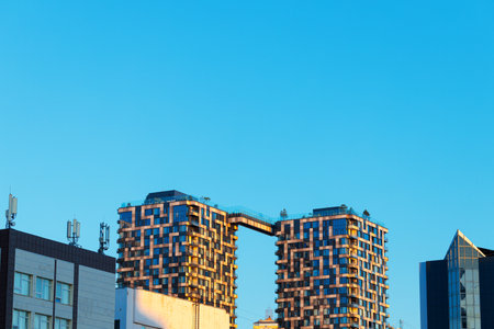 skyscraper design urban architecture minimalism panorama city scape blue sky background empty space for advertisingの写真素材