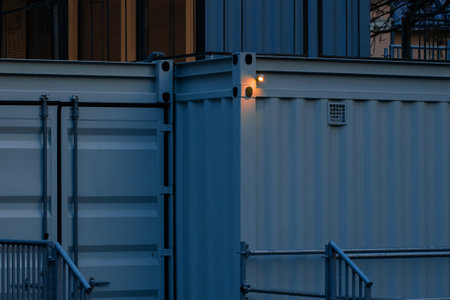 metallic barn frame cabin with electric bulb warm illumination in twilight dusk low light condition spaceの写真素材