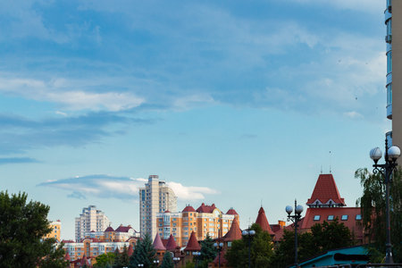 city scape panorama view Eastern Europe region colorful buildings walking side in clear weather day time with blue sky background bigger part of pictureの写真素材