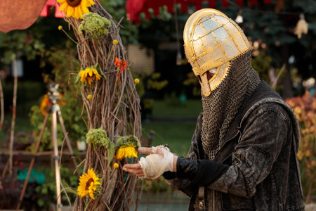 knight helmet and gothic urban cloak on wounded unrecognizable male person in natural decoration environment city square medieval European aesthetic fantasy concept pictureの写真素材