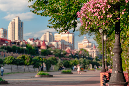 spring blossom time city scape alley way path boulevard people walking silhouettes and background unfocused town with foreground lamppost with flowersの写真素材
