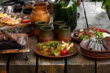 traditional cuisine delicious meal and salad medieval authentic restaurant dish on table colorful garden outdoor spaceの写真素材
