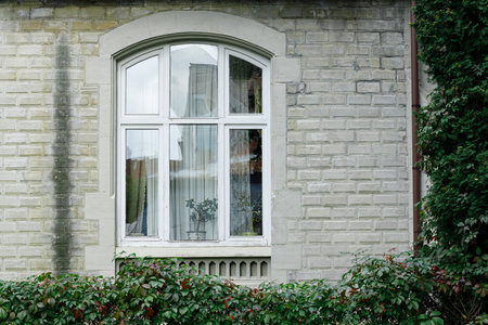 vintage villa exterior wall brick material living country house outdoor side white rustic wooden...